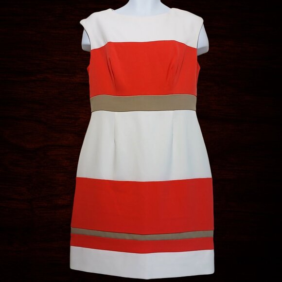 Studio One New York Women’s Coral Cream Colour Block Classy Sheath Dress Size 12 - Picture 2 of 13